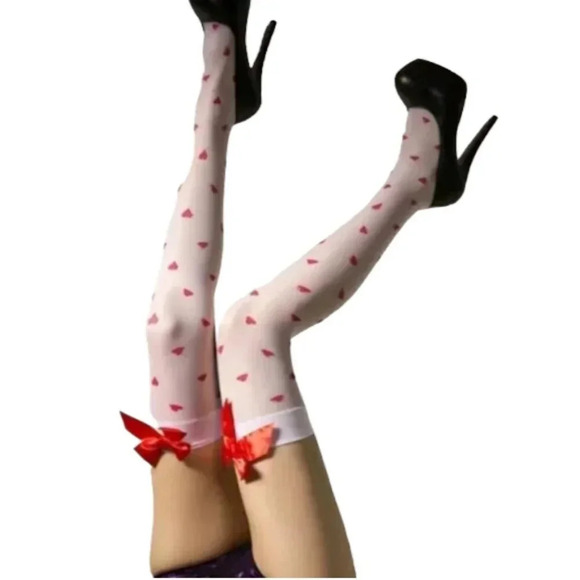 Red Heart Stocking Knee High White with Red Bow and Red Heart Decals - Picture 2 of 4